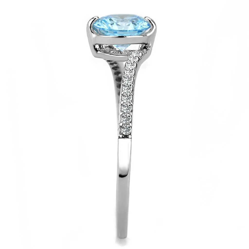 DA014 - High polished (no plating) Stainless Steel Ring with AAA Grade CZ  in Sea Blue