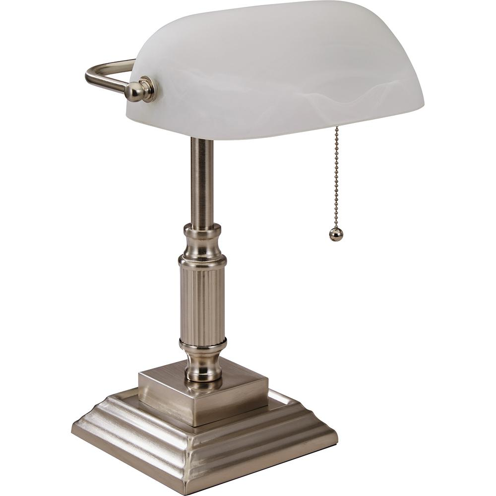 Lorell 15" Classic Banker's Lamp - 15" Height - 6.5" Width - 10 W LED Bulb - Brushed Nickel - Desk Mountable - Silver - for Desk, Table