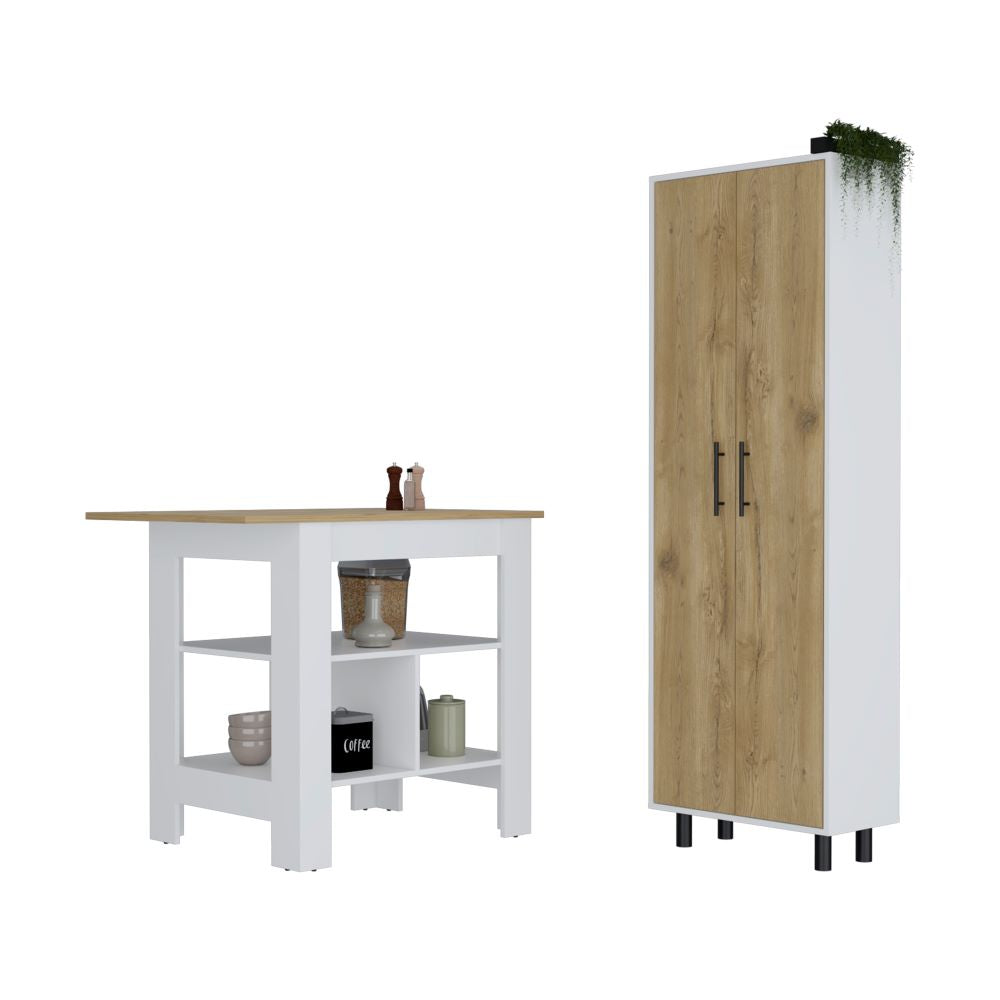 Bowie 2 Piece Kitchen Set, Kitchen Island + Pantry Cabinet, White / Light Oak Finish