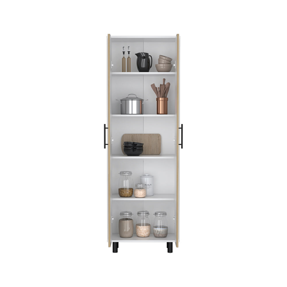 Bowie 2 Piece Kitchen Set, Kitchen Island + Pantry Cabinet, White / Light Oak Finish