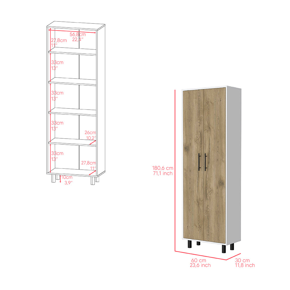 Bowie 2 Piece Kitchen Set, Kitchen Island + Pantry Cabinet, White / Light Oak Finish