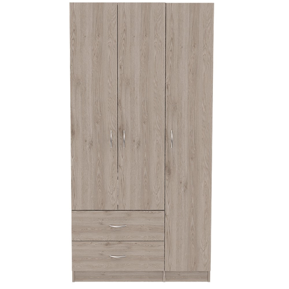 Three Door Armoire Clark, Metal Rod, Light Gray Finish