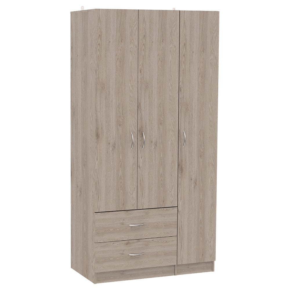 Three Door Armoire Clark, Metal Rod, Light Gray Finish