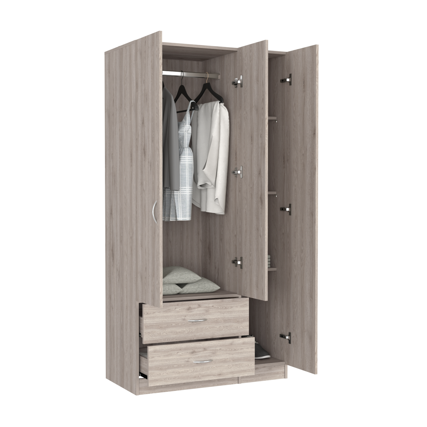 Three Door Armoire Clark, Metal Rod, Light Gray Finish