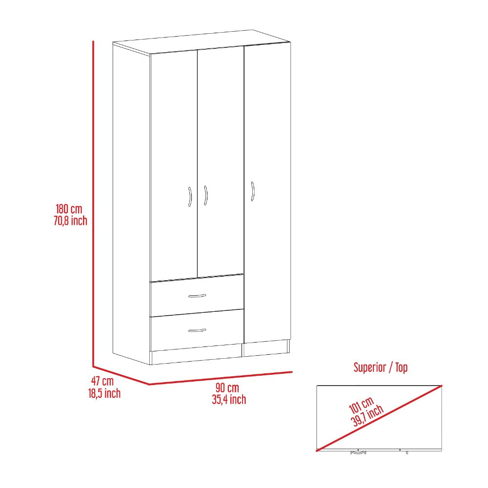 Three Door Armoire Clark, Metal Rod, Light Gray Finish