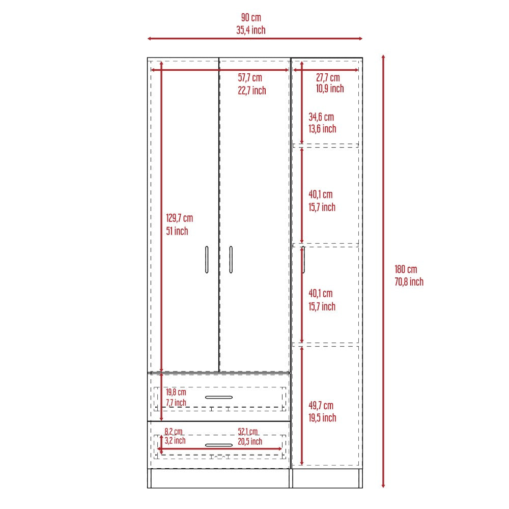 Three Door Armoire Clark, Metal Rod, Light Gray Finish