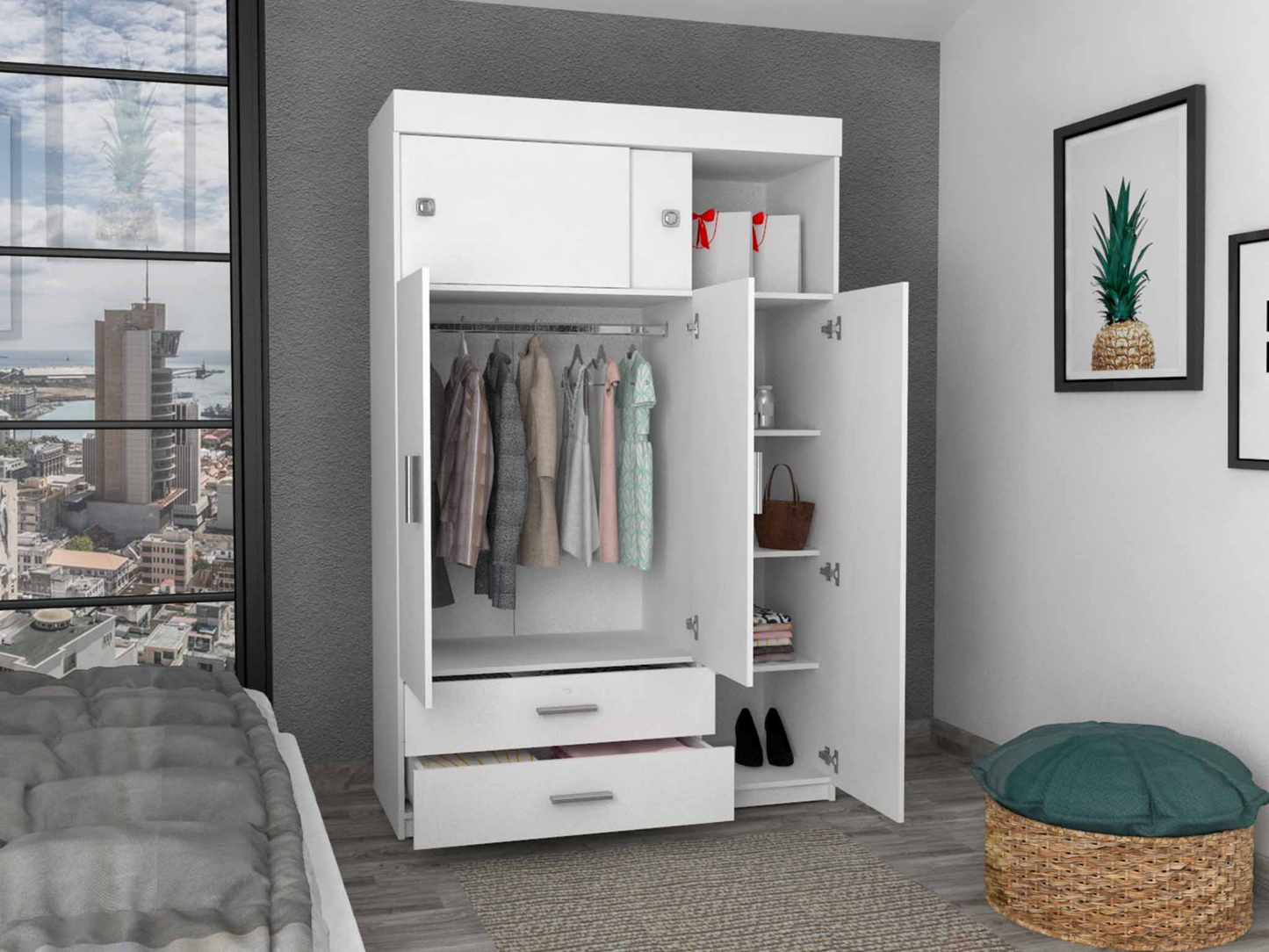 Armoire Chaplin, Rod, Three Door Cabinet, Two Drawers, White Finish