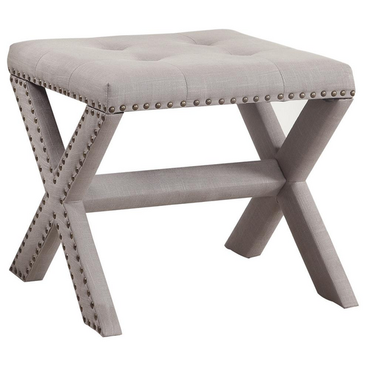 Fabric Upholstered Square Accent Bench in Neutral Gray/Nail Heads