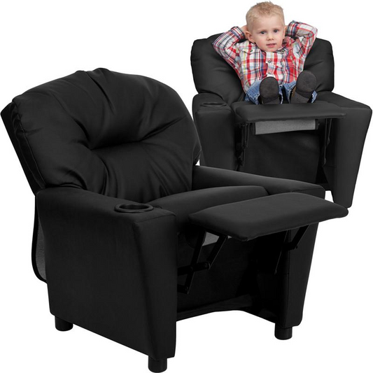 Contemporary Black LeatherSoft Kids Recliner with Cup Holder