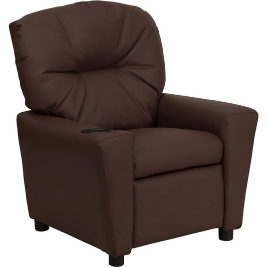 Contemporary Brown LeatherSoft Kids Recliner with Cup Holder