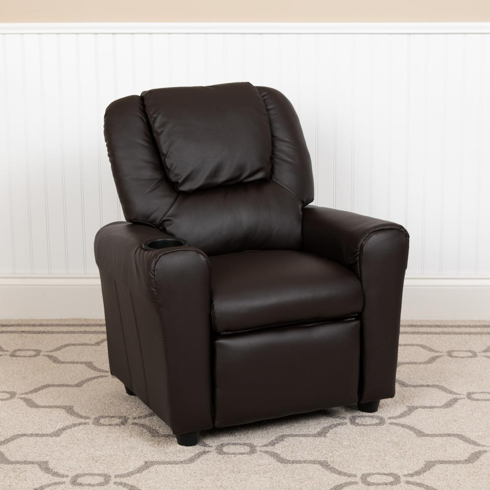 Contemporary Brown LeatherSoft Kids Recliner with Cup Holder and Headrest