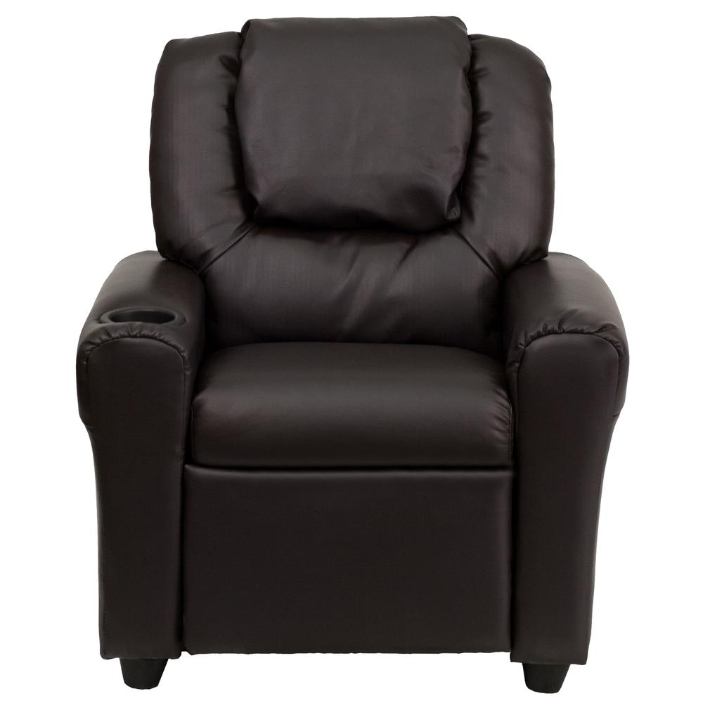 Contemporary Brown LeatherSoft Kids Recliner with Cup Holder and Headrest