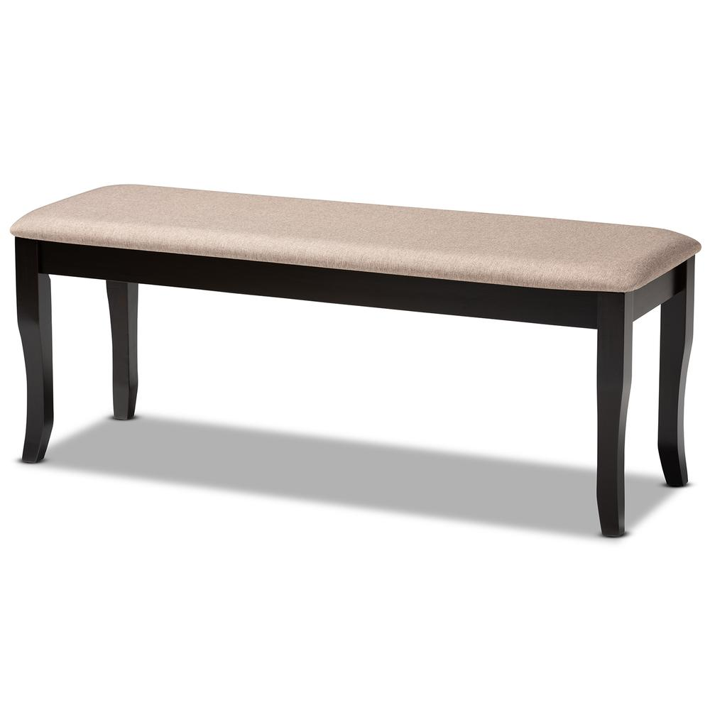 Transitional Sand Fabric Upholstered and Dark Brown Finished Wood Dining Bench