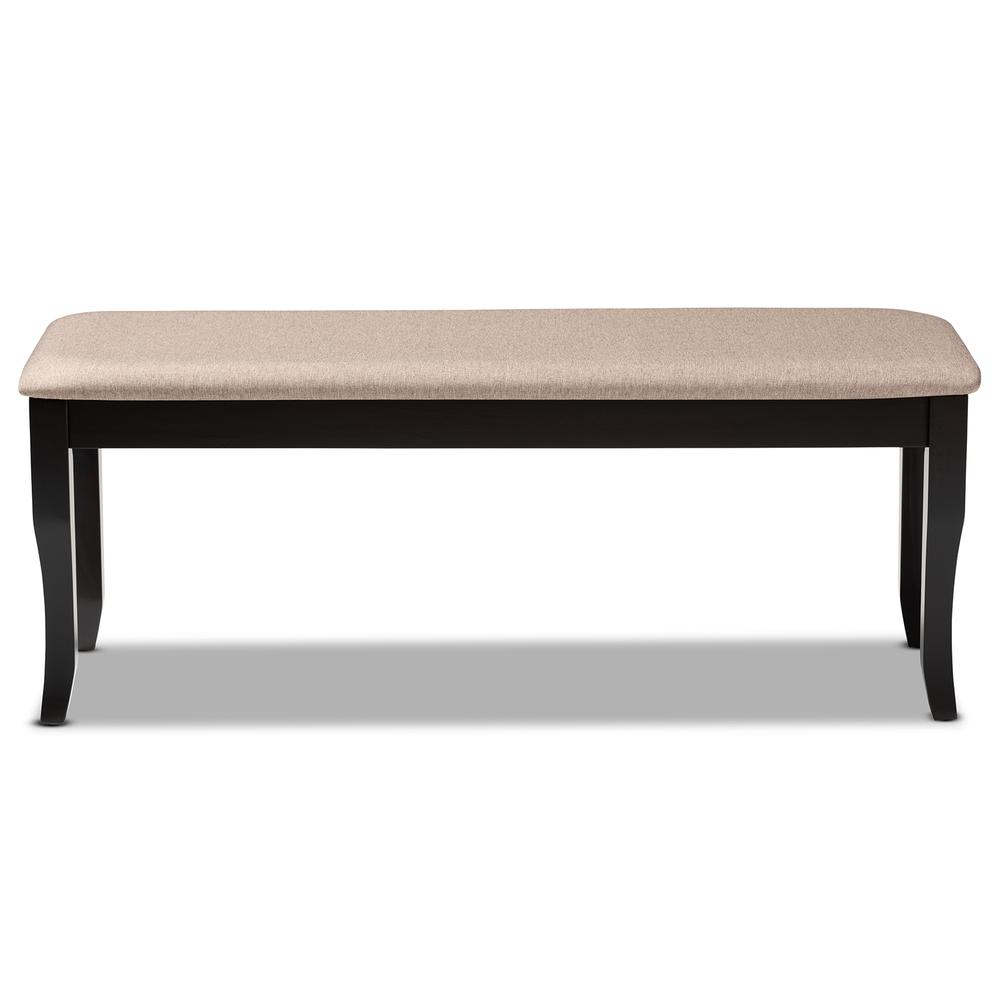 Transitional Sand Fabric Upholstered and Dark Brown Finished Wood Dining Bench