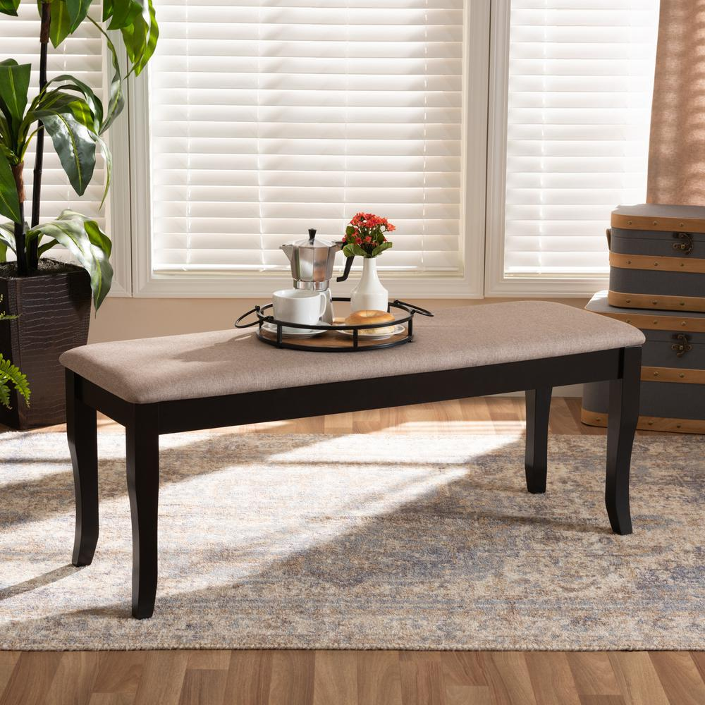 Transitional Sand Fabric Upholstered and Dark Brown Finished Wood Dining Bench