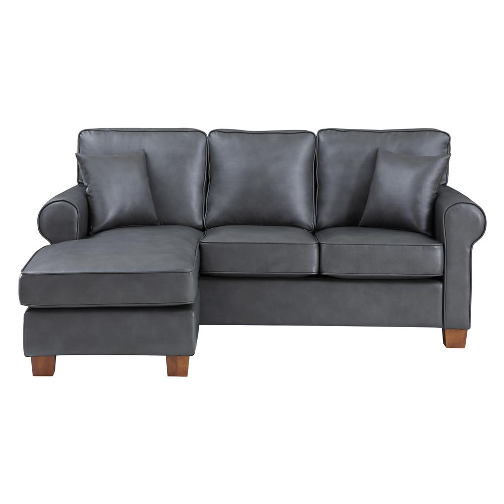 Rylee Rolled Arm Sectional in Pewter Faux Leather with Pillows and Coffee Legs