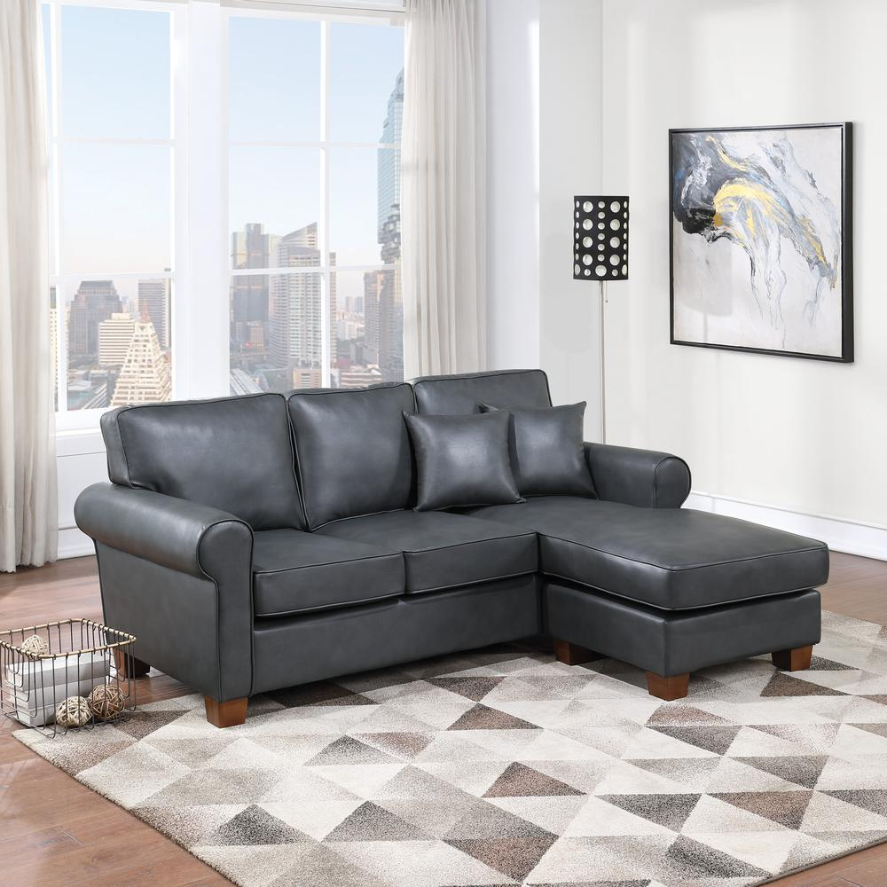 Rylee Rolled Arm Sectional in Pewter Faux Leather with Pillows and Coffee Legs