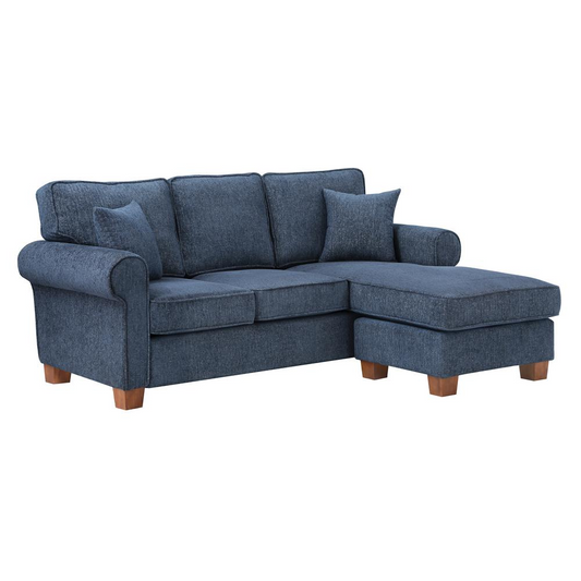 Rylee Rolled Arm Sectional in Navy Fabric with Pillows and Coffee Legs