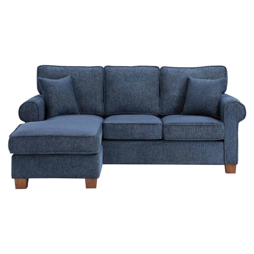 Rylee Rolled Arm Sectional in Navy Fabric with Pillows and Coffee Legs