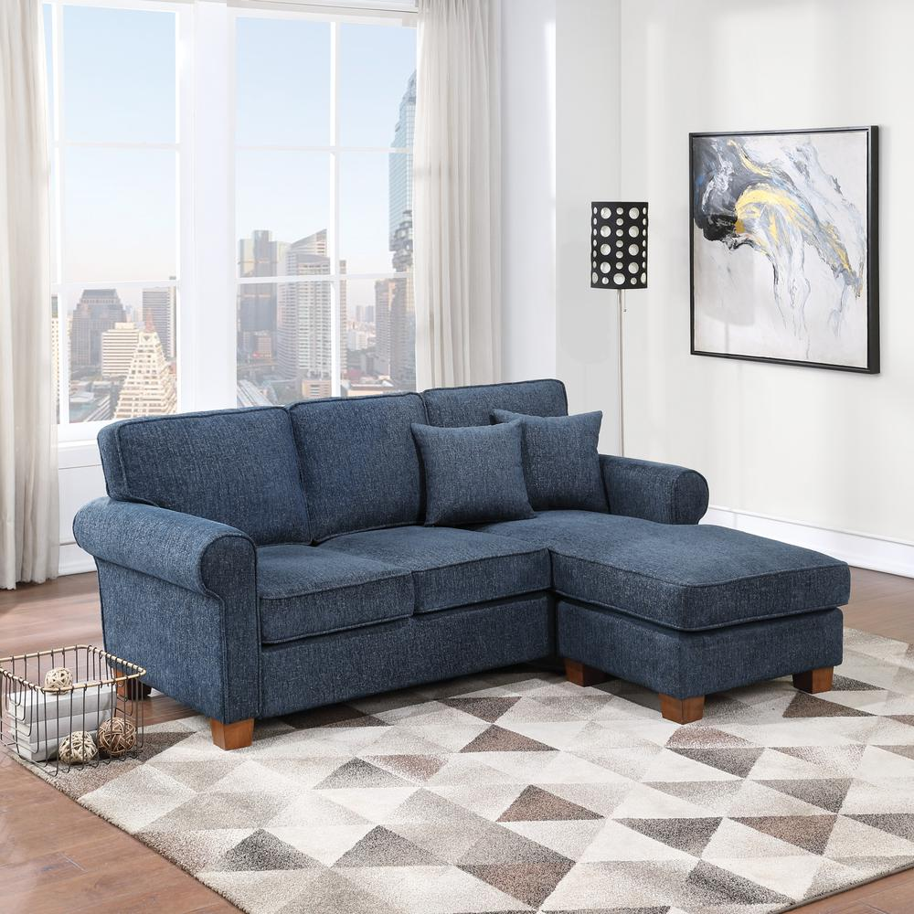 Rylee Rolled Arm Sectional in Navy Fabric with Pillows and Coffee Legs