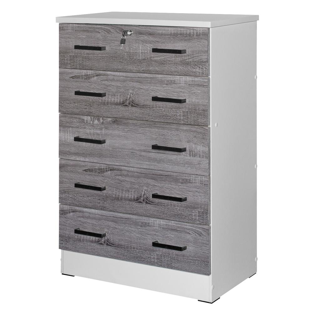 Cindy 5 Drawer Chest Wooden Dresser with Lock in White/Gray