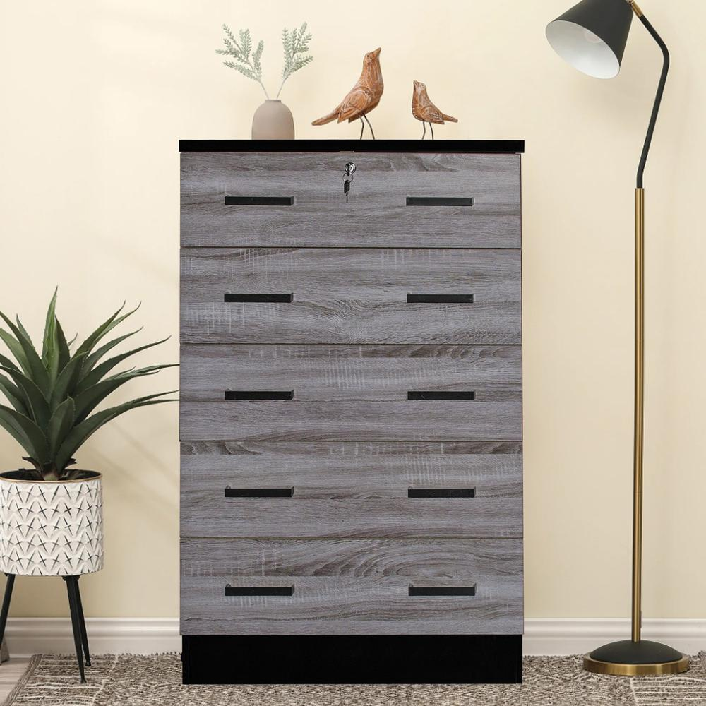 Cindy 5 Drawer Chest Wooden Dresser with Lock in Ebony