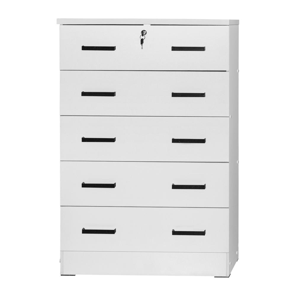 5 Drawer Chest Wooden Dresser with Lock in White