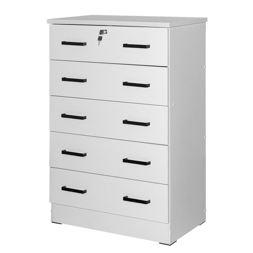 5 Drawer Chest Wooden Dresser with Lock in White