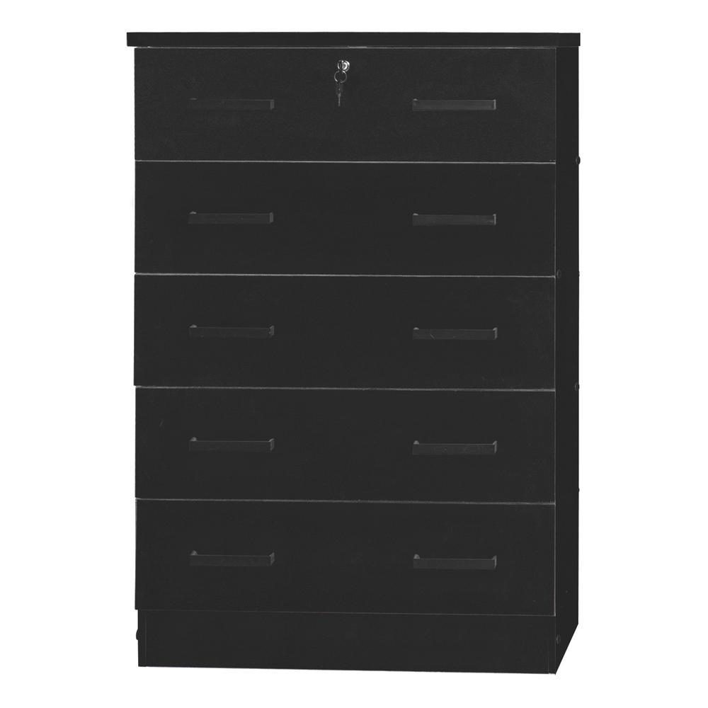 Cindy 5 Drawer Chest Wooden Dresser with Lock in Black