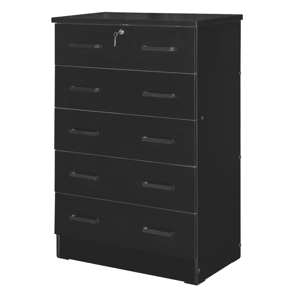 Cindy 5 Drawer Chest Wooden Dresser with Lock in Black