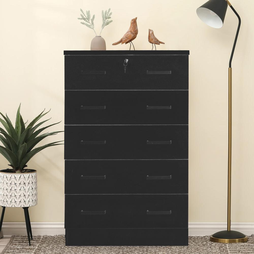 Cindy 5 Drawer Chest Wooden Dresser with Lock in Black