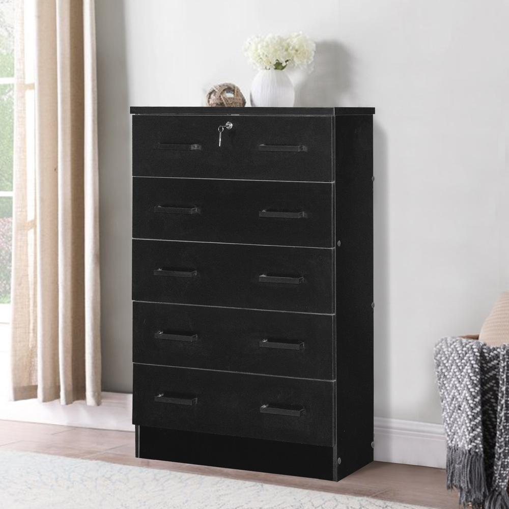 Cindy 5 Drawer Chest Wooden Dresser with Lock in Black