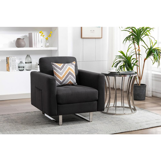 Victoria Dark Gray Linen Fabric Armchair with Metal Legs, Side Pockets, and Pillow