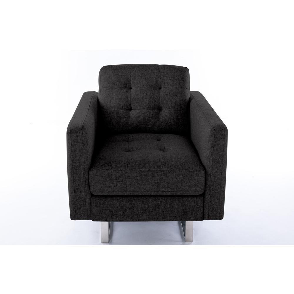 Victoria Dark Gray Linen Fabric Armchair with Metal Legs, Side Pockets, and Pillow