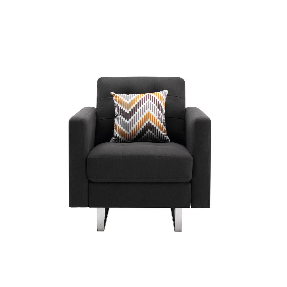 Victoria Dark Gray Linen Fabric Armchair with Metal Legs, Side Pockets, and Pillow