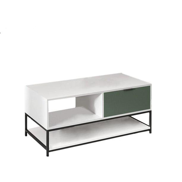 Watson White and Green Wood Coffee Table Steel Frame with Shelves and Drawer