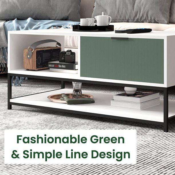 Watson White and Green Wood Coffee Table Steel Frame with Shelves and Drawer