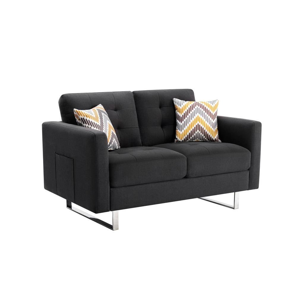 Victoria Dark Gray Linen Fabric Loveseat with Metal Legs, Side Pockets, and Pillows