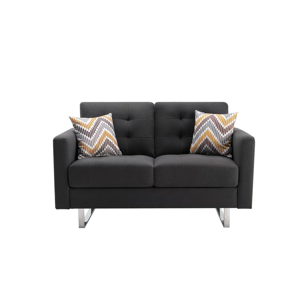 Victoria Dark Gray Linen Fabric Loveseat with Metal Legs, Side Pockets, and Pillows