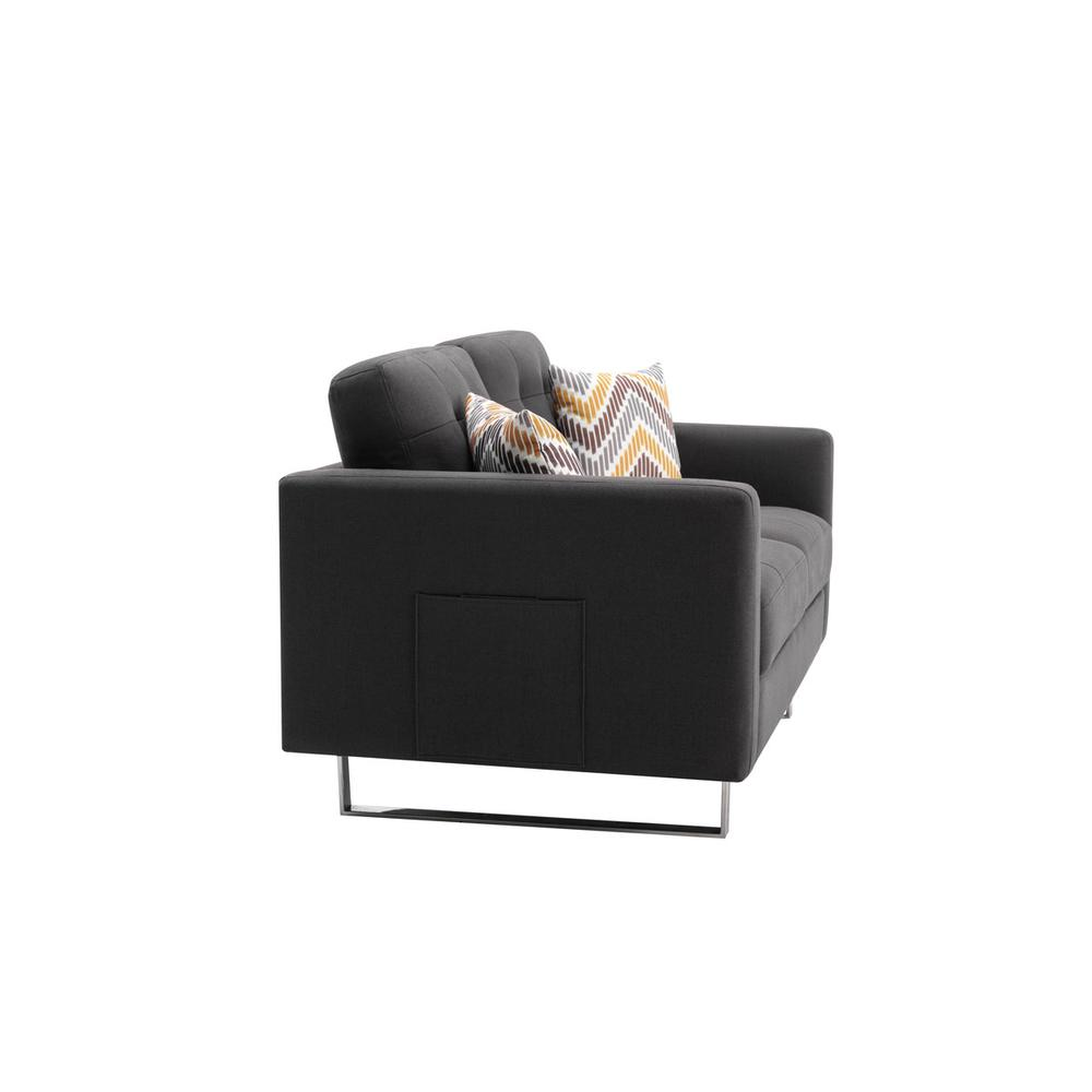 Victoria Dark Gray Linen Fabric Loveseat with Metal Legs, Side Pockets, and Pillows