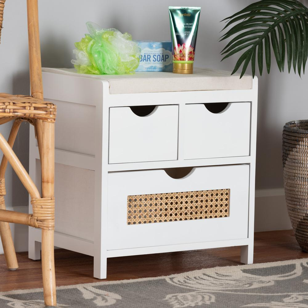 White Finished Wood 3-Drawer Storage Bench with Natural Rattan