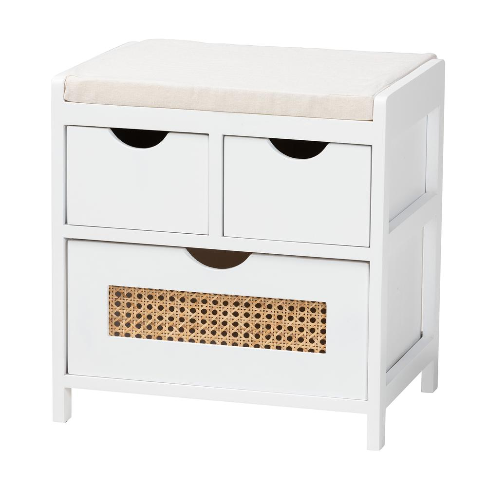 White Finished Wood 3-Drawer Storage Bench with Natural Rattan