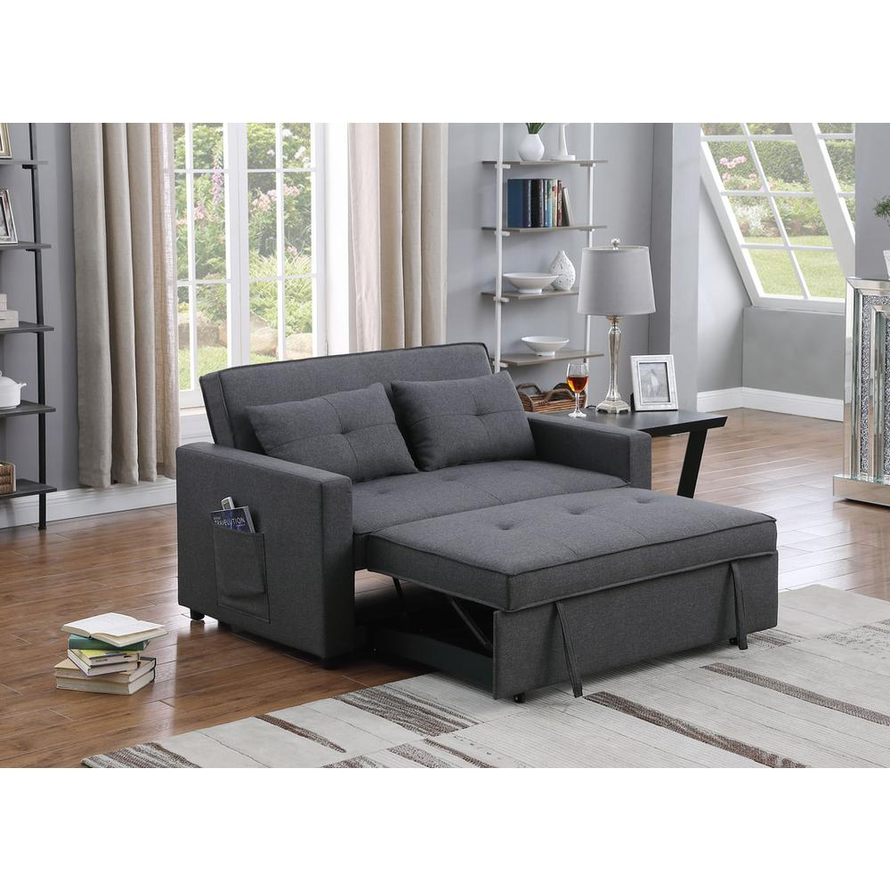 Zoey Dark Gray Linen Convertible Sleeper Loveseat with Side Pocket