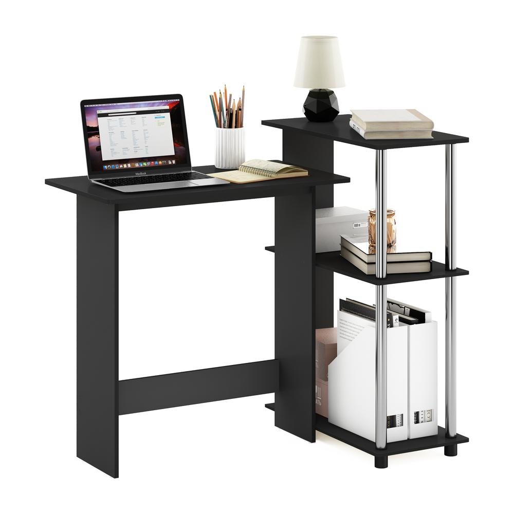 Corner Computer Desk with Bookshelf, Americano/Stainless Steel