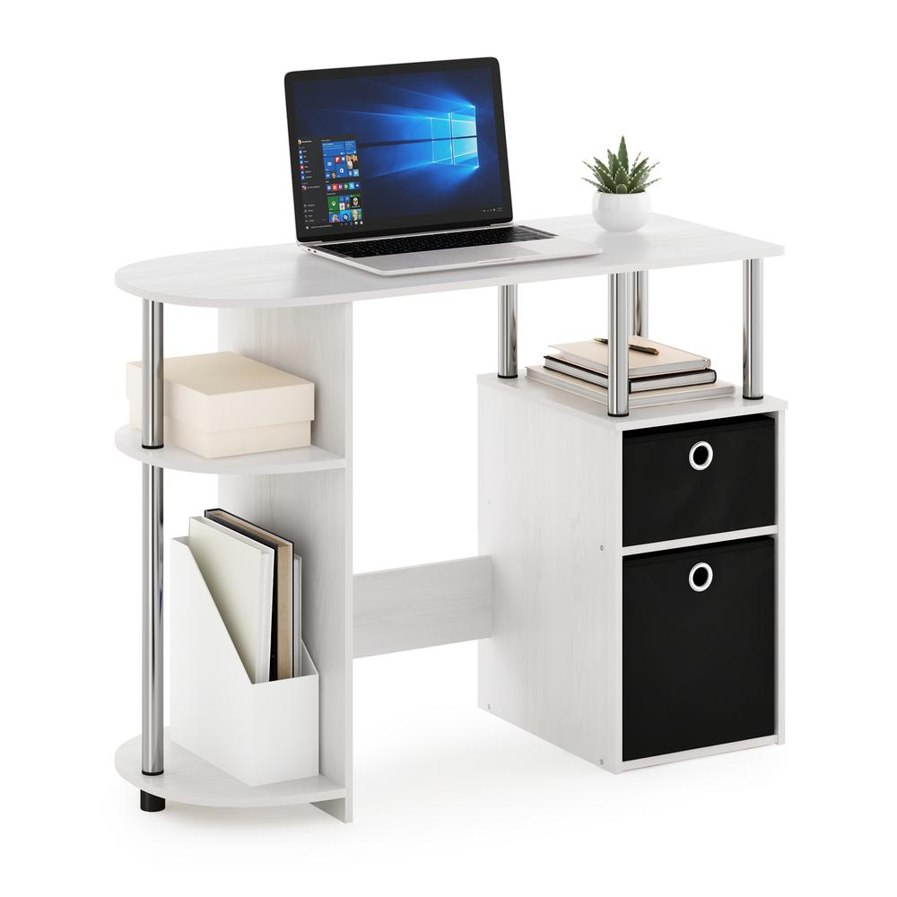 Simplistic Computer Study Desk with Bin Drawers, White Oak, Stainless Steel Tubes