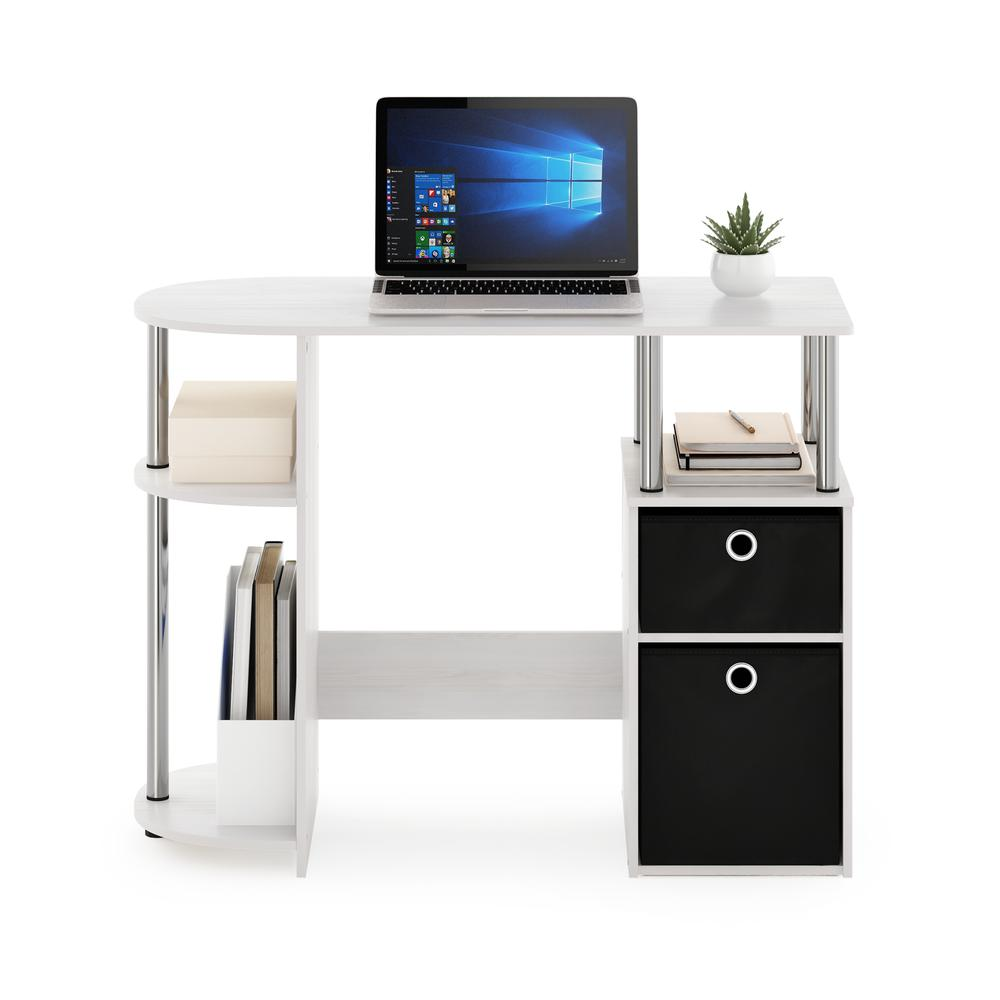 Simplistic Computer Study Desk with Bin Drawers, White Oak, Stainless Steel Tubes