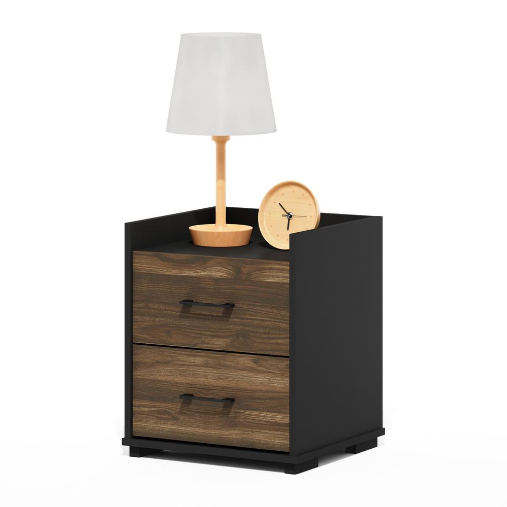 Furinno Tidur Modern Bedroom Bedside Tables Handle 2-Drawer Chest Nightstand, Columbia Walnut/Black