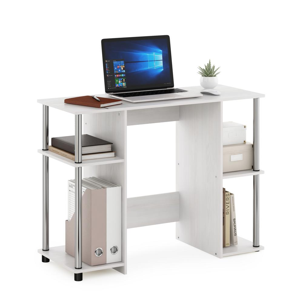 Compact Computer Study Desk, White Oak, Stainless Steel Tubes