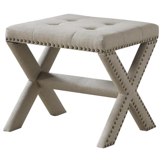 Fabric Upholstered Square Accent Bench in Natural/Nail Heads