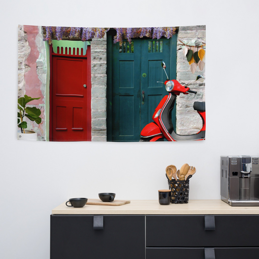 Vespa at Door Flag Tapestry wall hanging